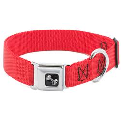 Dog Bone Black/Silver Seatbelt Buckle Collar - Red Nylon