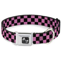 Dog Bone Black/Silver Seatbelt Buckle Collar - Checker Black/Pink