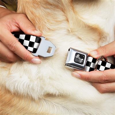 Dog Bone Black/Silver Seatbelt Buckle Collar - Checker Black/White