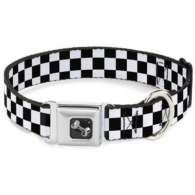 Dog Bone Black/Silver Seatbelt Buckle Collar - Checker Black/White