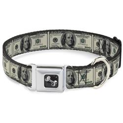 Dog Bone Black/Silver Seatbelt Buckle Collar - 100 Dollar Bills