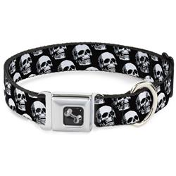 Dog Bone Black/Silver Seatbelt Buckle Collar - 3-D Skulls Repeat Black/Grays/White