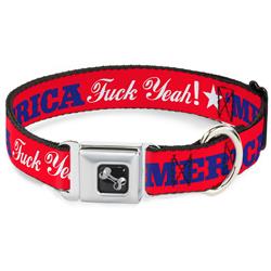 Dog Bone Black/Silver Seatbelt Buckle Collar - 'MERICA FUCK YEAH!/Star Red/Blue/White