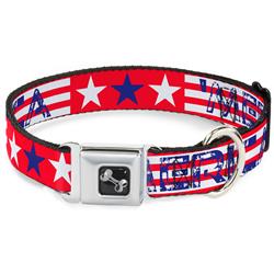 Dog Bone Black/Silver Seatbelt Buckle Collar - 'MERICA Stripes/Stars Red/White/Blue