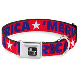 Dog Bone Black/Silver Seatbelt Buckle Collar - 'MERICA/Star Red/Blue/White