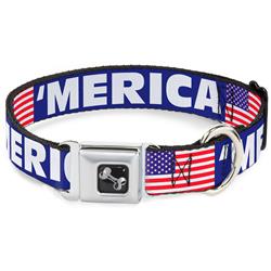 Dog Bone Black/Silver Seatbelt Buckle Collar - 'MERICA/US Flag Blue/White/Red