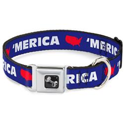 Dog Bone Black/Silver Seatbelt Buckle Collar - 'MERICA/USA Silhouette Blue/White/Red