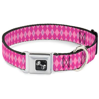 Dog Bone Black/Silver Seatbelt Buckle Collar - Argyle Pink/Fuchsia/Blue