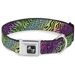 Dog Bone Black/Silver Seatbelt Buckle Collar - Animal Skins Rainbow/Black