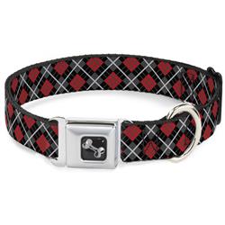 Dog Bone Black/Silver Seatbelt Buckle Collar - Argyle Black/Gray/Red