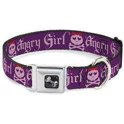 Dog Bone Black/Silver Seatbelt Buckle Collar - Angry Girl Purple/Pink