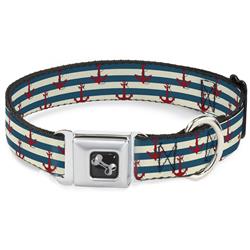 Dog Bone Black/Silver Seatbelt Buckle Collar - Anchors w/Stripes White/Blue/Red