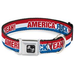 Dog Bone Black/Silver Seatbelt Buckle Collar - AMERICA, FUCK YEA Red/White/Blue