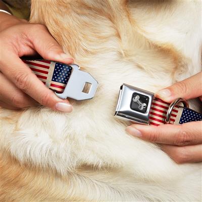Dog Bone Black/Silver Seatbelt Buckle Collar - American Flag Weathered Color Repeat