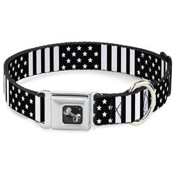 Dog Bone Black/Silver Seatbelt Buckle Collar - American Flag CLOSE-UP Black/White