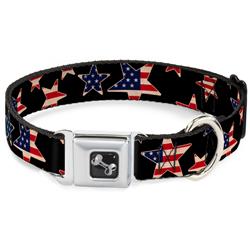 Dog Bone Black/Silver Seatbelt Buckle Collar - Americana Stars & Flags Black/Red/White/Blue
