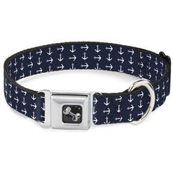 Dog Bone Black/Silver Seatbelt Buckle Collar - Anchors Navy/White