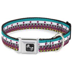 Dog Bone Black/Silver Seatbelt Buckle Collar - Aztec14 Seafoam Green/White/Pink/Lime Green/Black
