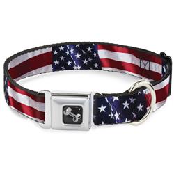 Dog Bone Black/Silver Seatbelt Buckle Collar - American Flag Vivid CLOSE-UP