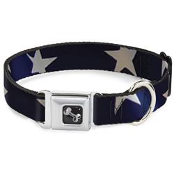 Dog Bone Black/Silver Seatbelt Buckle Collar - American Flag Vivid Stars CLOSE-UP Blue/White