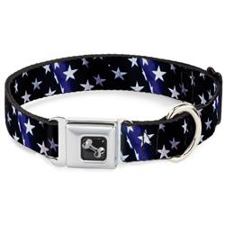 Dog Bone Black/Silver Seatbelt Buckle Collar - American Flag Vivid Stars Blue/White