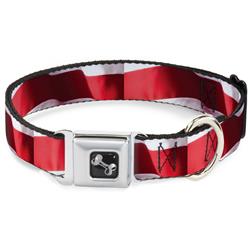 Dog Bone Black/Silver Seatbelt Buckle Collar - American Flag Vivid Stripes CLOSE-UP Red/White