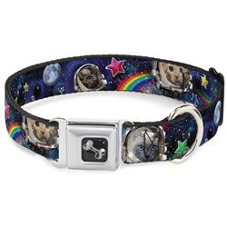 Dog Bone Black/Silver Seatbelt Buckle Collar - Astronaut Cats in Space/Rainbows/Stars