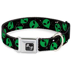 Dog Bone Black/Silver Seatbelt Buckle Collar - Aliens Head Scattered Galaxy2/Green/Black