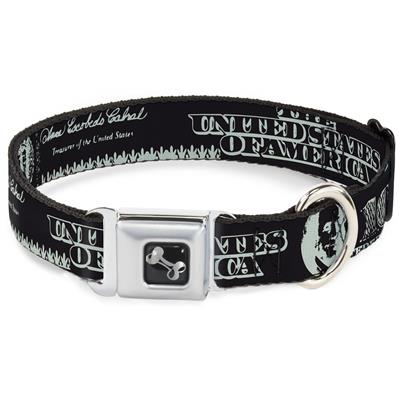 Dog Bone Black/Silver Seatbelt Buckle Collar - Americana One Hundred Dollar Bill Elements Black/Gray