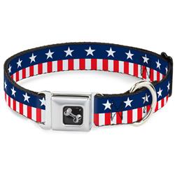 Dog Bone Black/Silver Seatbelt Buckle Collar - Americana Stars & Stripes2 Blue/White/Red/White