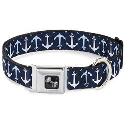 Dog Bone Black/Silver Seatbelt Buckle Collar - Anchor2 Flip CLOSE-UP Navy/Baby Blue/White