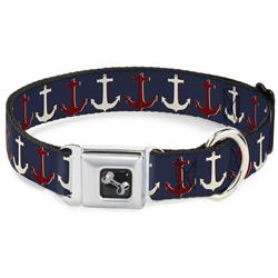 Dog Bone Black/Silver Seatbelt Buckle Collar - Anchor3 CLOSE-UP Navy/Red/Cream