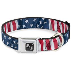 Dog Bone Black/Silver Seatbelt Buckle Collar - American Flag Vertical CLOSE-UP