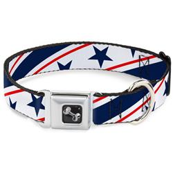Dog Bone Black/Silver Seatbelt Buckle Collar - Americana Diagonal Stars & Stripes White/Red/Blue