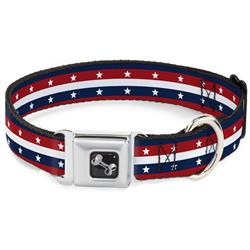 Dog Bone Black/Silver Seatbelt Buckle Collar - Americana Stripe w/Stars Blue/Red/White