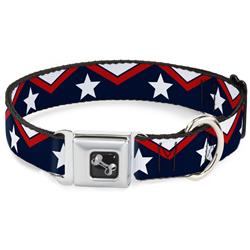 Dog Bone Black/Silver Seatbelt Buckle Collar - American Chevron & Stripes White/Red/Blue