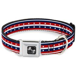Dog Bone Black/Silver Seatbelt Buckle Collar - Americana Stripe w/Stars2 Blue/Red/White