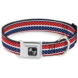 Dog Bone Black/Silver Seatbelt Buckle Collar - Americana Stripe w/Mini Stars Blue/Red/White