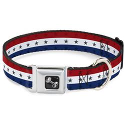 Dog Bone Black/Silver Seatbelt Buckle Collar - Americana Star Stripes Red/White/Blue