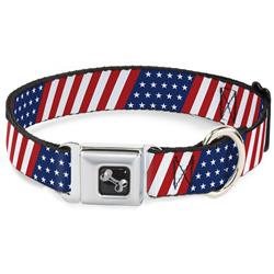 Dog Bone Black/Silver Seatbelt Buckle Collar - American Flag Diagonal