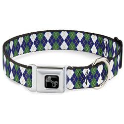 Dog Bone Black/Silver Seatbelt Buckle Collar - Argyle Navy/Green/White/Gold