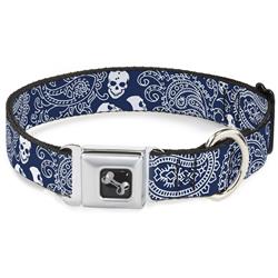 Dog Bone Black/Silver Seatbelt Buckle Collar - Bandana/Skulls Royal/White