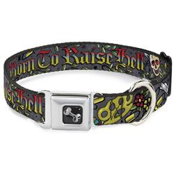 Dog Bone Black/Silver Seatbelt Buckle Collar - Born to Raise Hell Gray