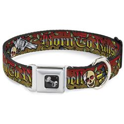 Dog Bone Black/Silver Seatbelt Buckle Collar - Born to Raise Hell Red