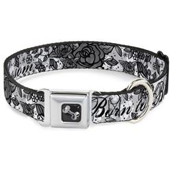 Dog Bone Black/Silver Seatbelt Buckle Collar - Born to Blossom Black/White