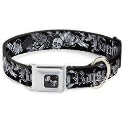 Dog Bone Black/Silver Seatbelt Buckle Collar - Born to Raise Hell Black/White