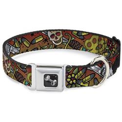 Dog Bone Black/Silver Seatbelt Buckle Collar - Born to Raise Hell CLOSE-UP Red