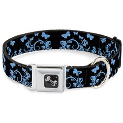 Dog Bone Black/Silver Seatbelt Buckle Collar - Butterfly Garden Black/Blue