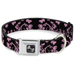 Dog Bone Black/Silver Seatbelt Buckle Collar - Butterfly Garden Black/Pink