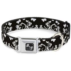 Dog Bone Black/Silver Seatbelt Buckle Collar - Butterfly Garden Black/White